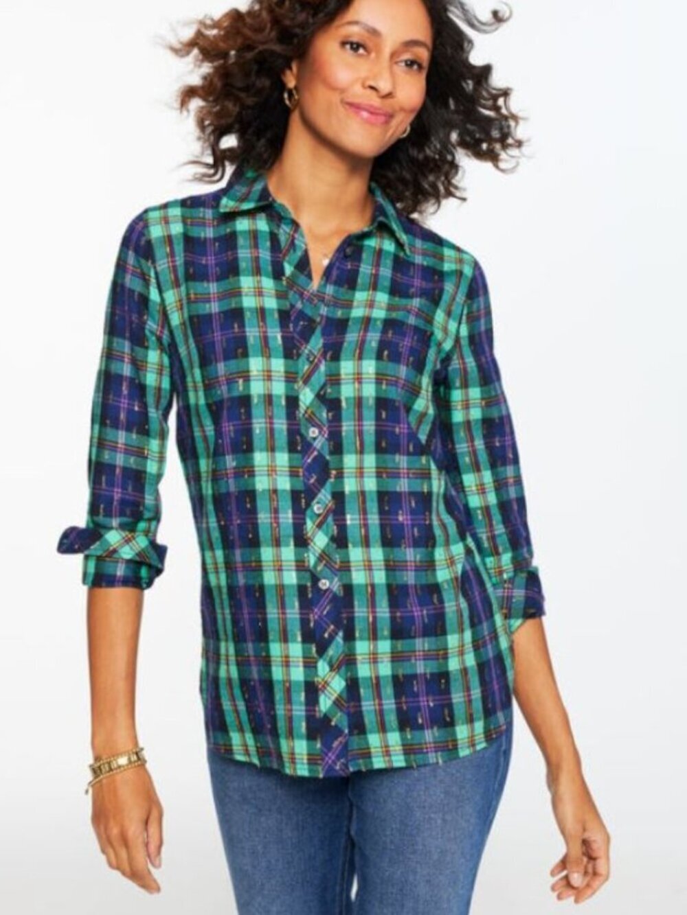 Talbots Women's Metallic Modern Classic Shirt Cheerful Plaid Cotton Petite M EUC